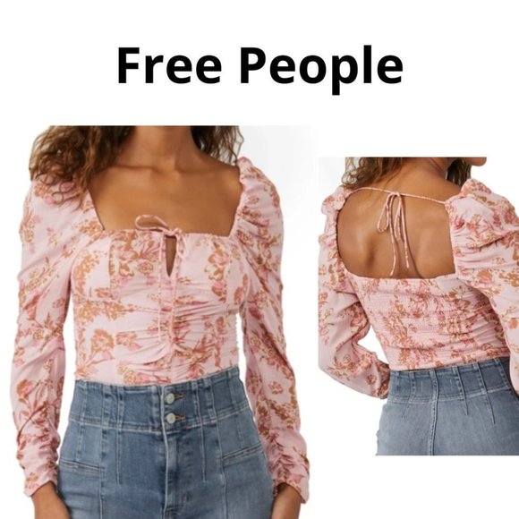 Free People Hilary printed top pink combo floral puff sleeve open back - Picture 2 of 10